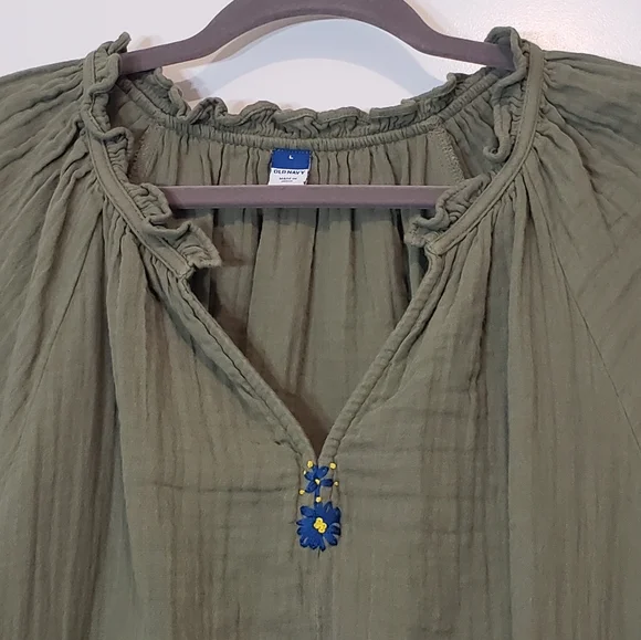 Old Navy Knee Length Dress All Cotton Ruffled V Neck Short Sleeves Olive Large - Picture 6 of 11